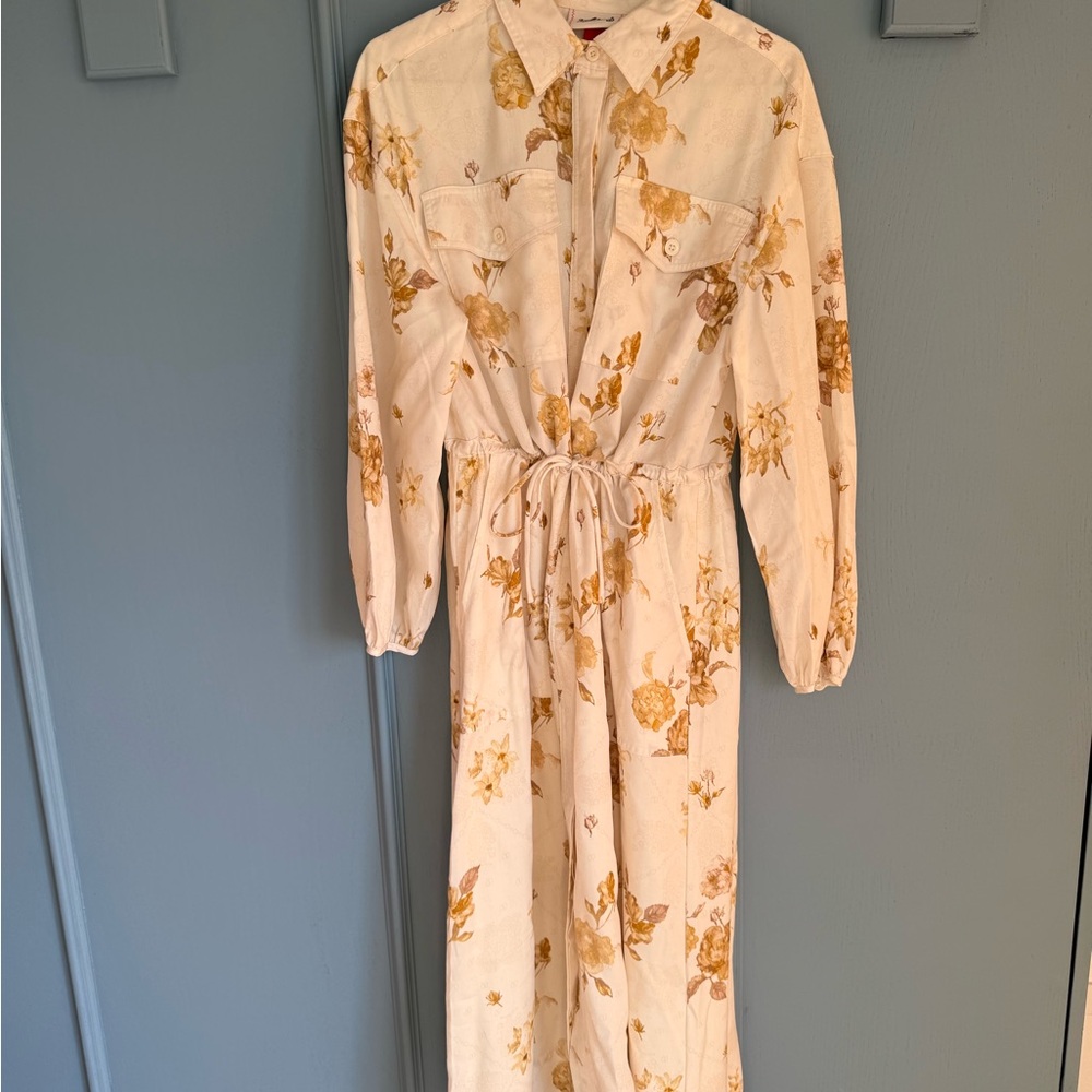 Woolrich Cream Floral Button-Front Drawstring Dress